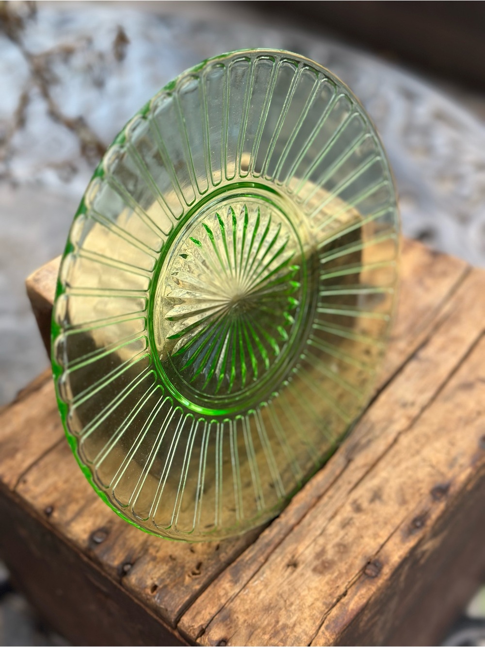 Vintage Green Uranium Glass Plate 8 Inch UV Reactive Sunburst